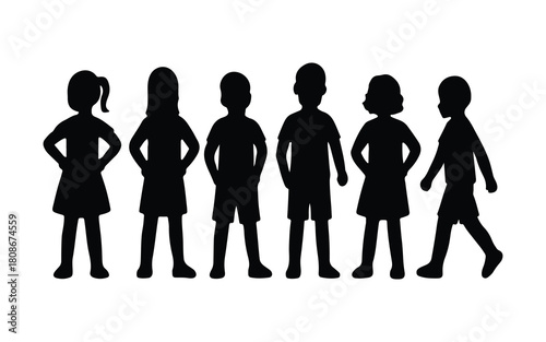 Six diverse children silhouettes, standing and walking on white