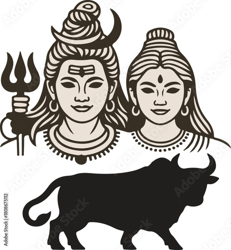 Lord Shiva Parvati Nandi Vector. Hindu Deities Icon Illustration Design Silhouette