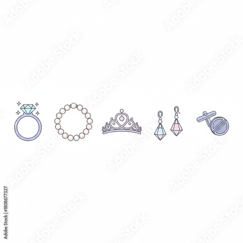 Jewelry Icons Diamond Ring, Pearl Necklace, Tiara, Earrings, Cufflinks Collection