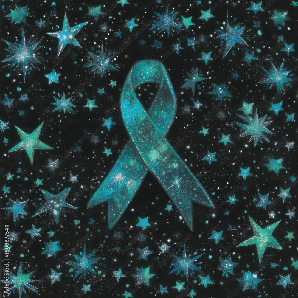custom made wallpaper toronto digitalTeal awareness ribbon is surrounded by galaxy of sparkling stars against dark background, symbolizing hope and support. cosmic theme adds sense of wonder and unity