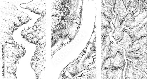 Black and white topographic map style illustration of winding rivers and textured terrain landscape