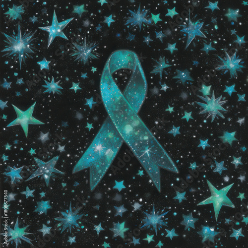 Wallpaper Mural Teal awareness ribbon is surrounded by galaxy of sparkling stars against dark background, symbolizing hope and support. cosmic theme adds sense of wonder and unity Torontodigital.ca