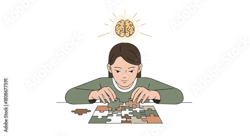 Illustration of a person engaged in a jigsaw puzzle, with a glowing brain icon representing mental exercise and problem-solving