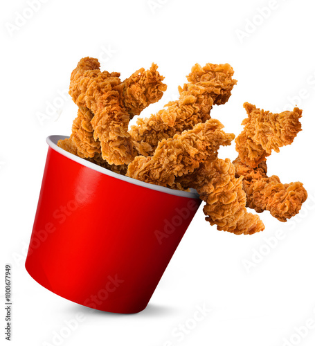 Crispy Fried Chicken Strips Flying Into a Red Bucket on White Background –  Crispy chicken tenders arranged creatively Perfect for Fast Food Ads