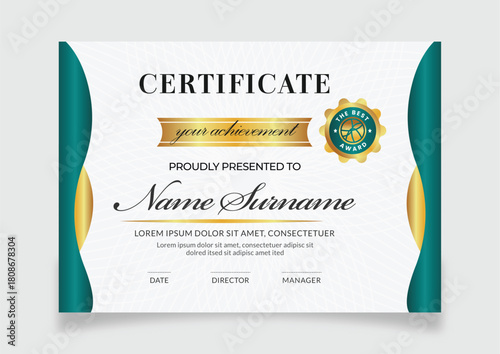 Elegant certificate template with gold and green accents isolated on white background