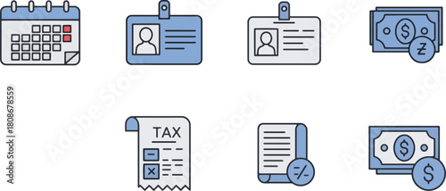 Blue Icon Set Finance, Calendar, and Identification for Business and Organization