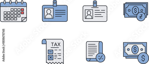 Collection of icons including calendar, ID cards, money, tax forms, and percentage symbol for business, finance, and office use