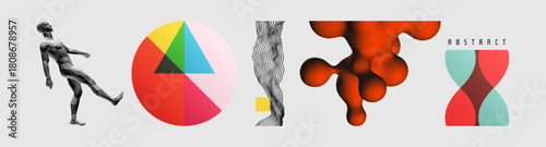 3D model of a human body walking forward. Array with dynamically emitted particles. Circular element. Flowing liquid form. Amorphous graphic element. Vector design.