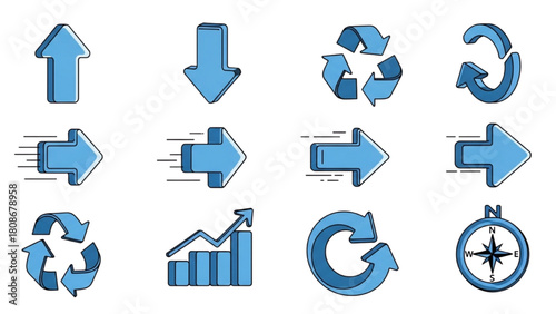 Collection of Blue Arrow Icons for Direction, Recycling, and Growth Concepts