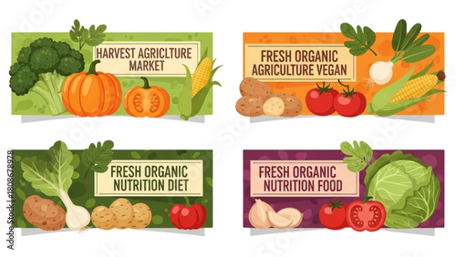 Colorful vector banners with a variety of fresh vegetables for healthy food concepts