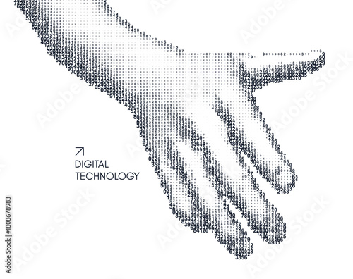 Offering handshake. Hand open and ready to help. Human arm giving. Сascading digital code matrix. 3D vector illustration. Design for banner, flyer, poster, cover or brochure.