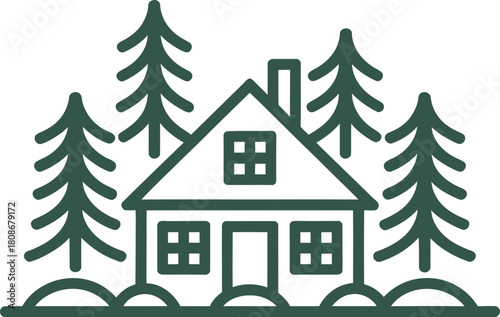 Simple outline drawing of a cozy cabin surrounded by pine trees