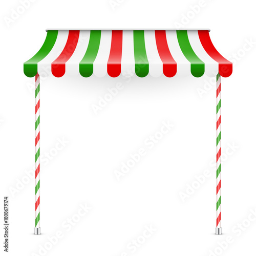Shop sunshade. Realistic striped cafe awning. Outdoor market tent. Roof canopy. Summer street store. Vector illustration.