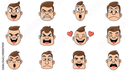 Cartoon Man Faces Showing Different Emotions Anger, Happiness, Surprise, Winks, etc