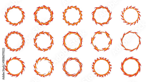 Set of fiery circular frames with flame elements and radiating effects
