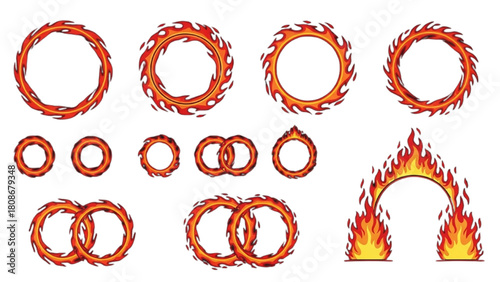 A collection of burning hoops and a fiery archway, illustrated in a vibrant cartoon vector style