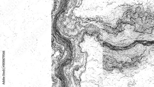 Black and white abstract topographic contour lines and speckle texture background