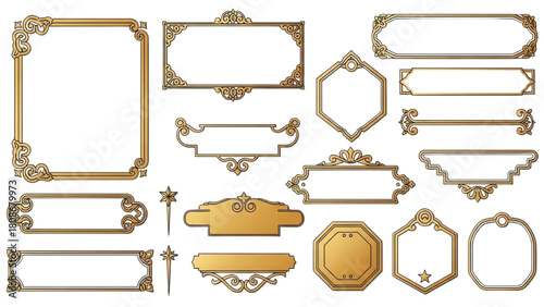 A collection of ornate gold decorative frames, elegant borders, and classic title banners for design