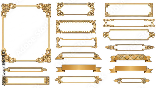 Collection of ornate gold vintage frames and elegant ribbon banners for classic design