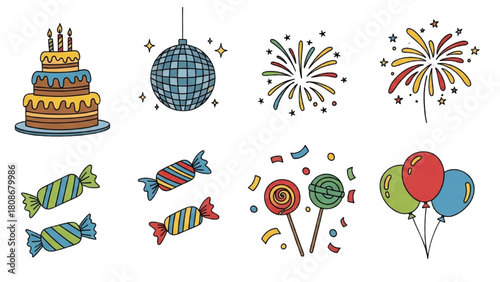 Colorful Hand-Drawn Party and Celebration Elements Collection Cake, Disco Ball, Fireworks, Sweets, and Balloons