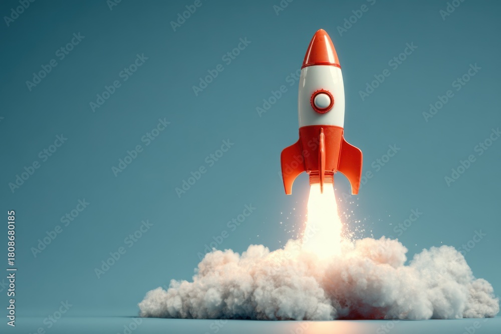 Fototapeta premium Startup entrepreneurship launch rocket starts to fly into the sky, representing innovation and ambition in business ventures