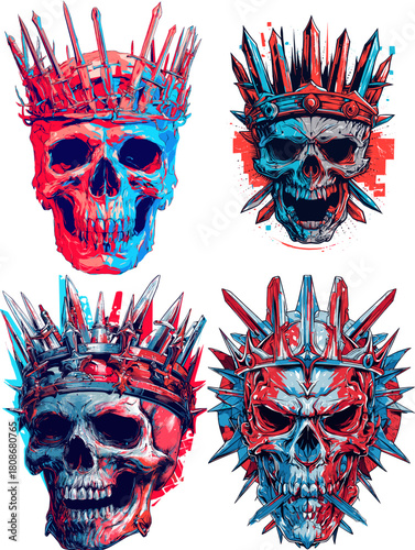 Intense skull illustrations wearing spiked crowns in a glitch red blue style. Bold aggressive artwork with distorted effects, sharp details, and dramatic edgy visual themes.