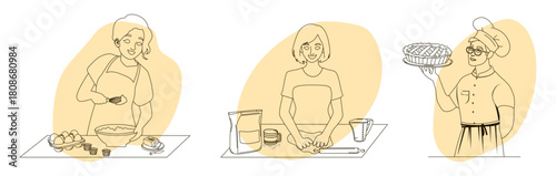 Vector illustration showcasing three people in different stages of baking, from mixing ingredients to presenting a finished pie. Expressive faces depict concentration and satisfaction.