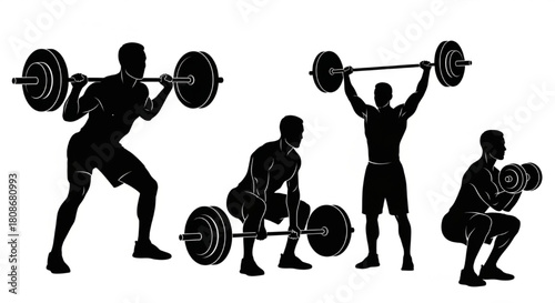 Fitness Athlete Silhouette Vector Illustration Showing Squat, Deadlift, Press, and Curl Poses in Minimal Gym Style

