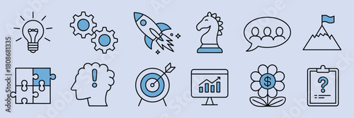 business idea startup doodle line icon set, cute hand drawn elements including rocket, target, brain, strategy signs, finance goals, and planning symbols, suitable for startup branding, business .