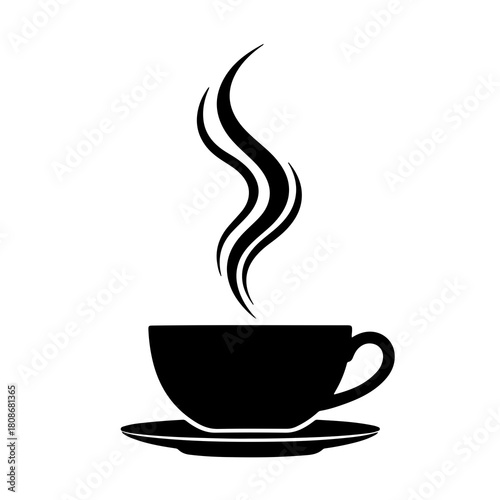 Simple black silhouette of a steaming coffee cup and saucer on a white background