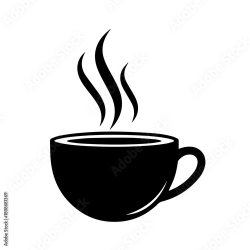 Simple black silhouette of a steaming coffee cup on a white background representing warmth and comfort