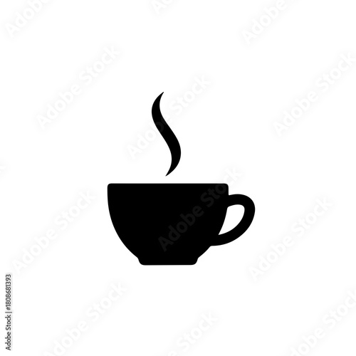 Simple black silhouette of a steaming coffee cup on a white background