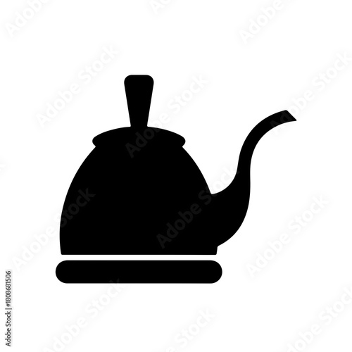 Simple black silhouette of a classic kettle with a curved spout and handle on a white background