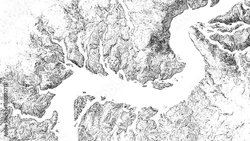 Black and white contour map illustration of a winding river and surrounding terrain topography landscape