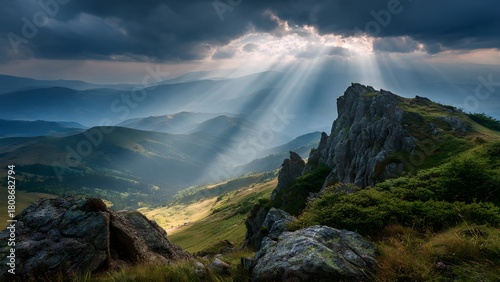 Beautiful serene mountain landscape, fluffy clouds, sun rays