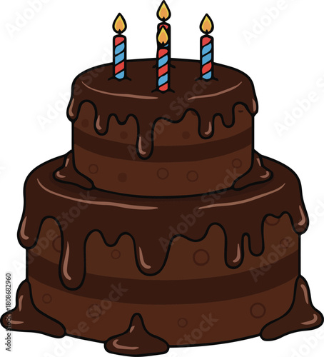 Vector Illustration of Decadent Dark Chocolate Layer Cake with Rich Melting Ganache Filling and Chocolate Shavings