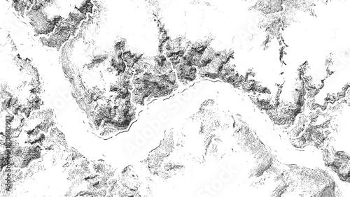 Black and white topographic map contour lines depicting mountainous terrain and a body of water vector