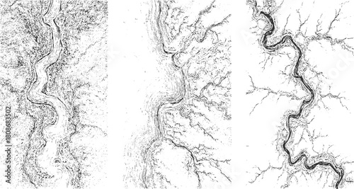 Black and white abstract topographic map style river network pattern vector