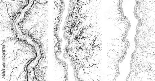 Black and white abstract topographic contour lines forming river valleys and terrain background