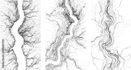 Abstract black and white topographic map patterns with winding river and branching tributaries vector
