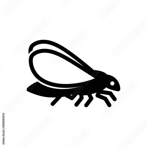 Simple black silhouette of a flying insect with prominent wings.