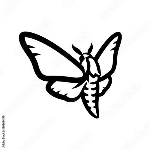 Detailed black and white illustration of a moth with spread wings.