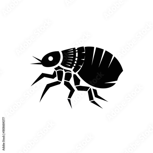 Black silhouette of a flea on a white background, side view.