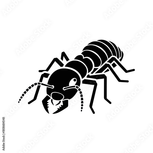 Detailed black and white illustration of a termite insect creature.