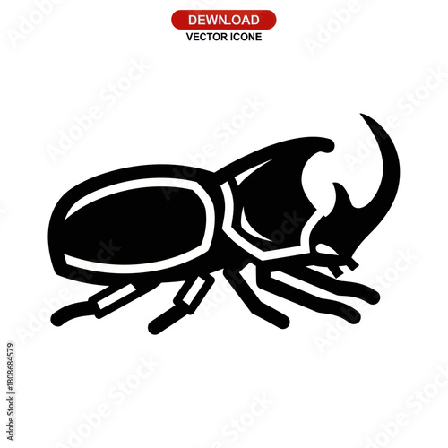 Black beetle insect with horn and legs, side view, isolated.