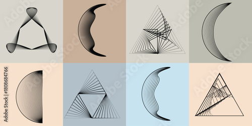 Abstract visual harmony of circles and curved lines , perfect for digital branding. Linear circular art with balanced curves ideal for posters, packaging and web design. Vector rotational shapes set.