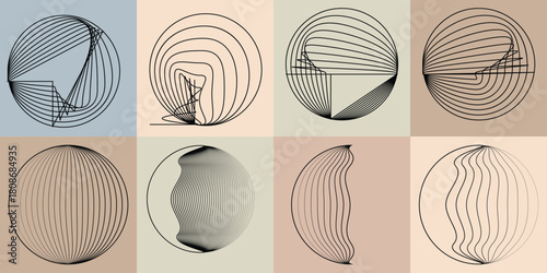 Abstract visual harmony of circles and curved lines , perfect for digital branding. Linear circular art with balanced curves ideal for posters, packaging and web design. Vector rotational shapes set.