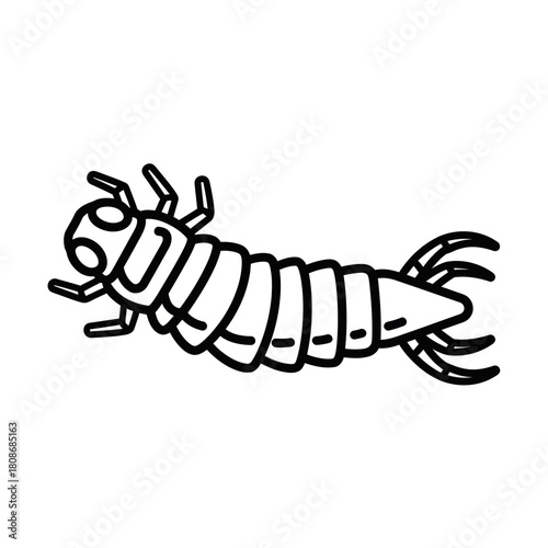 Black and white line drawing of a segmented insect larva with multiple legs and a forked tail.