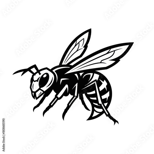 Detailed black and white illustration of a flying wasp insect.