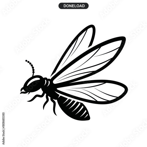 Detailed black and white illustration of a flying insect.